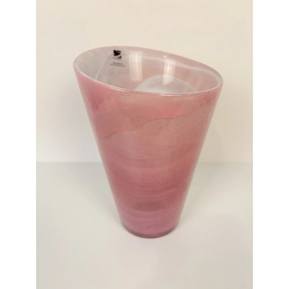 SEA Glasbruk Sweden Pink Swirl Art Glass Vase Hand Painted 7 Inch Classic